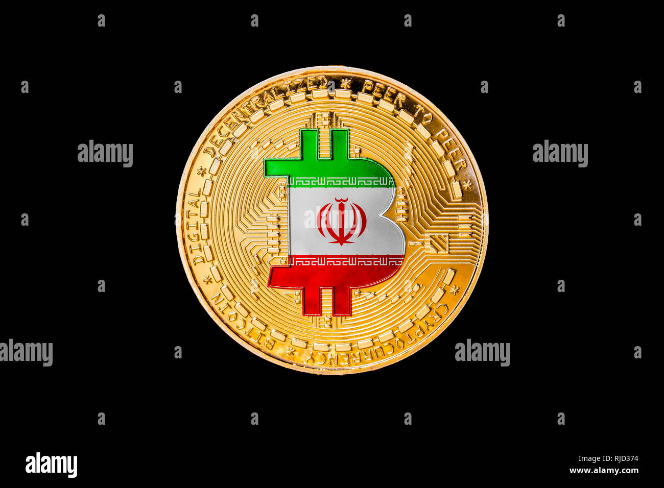 Golden bitcoin mit der Iranischen Flagge in der Mitte/Iran cryptocurrecy Konzept Stockfoto