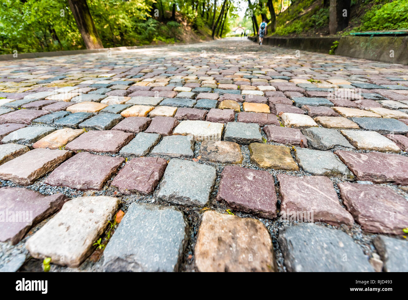 Lemberg, Ukraine historischen ukrainischen Stadt in der Altstadt mit bunten Steinen gepflasterten Gasse Architektur während der sonnigen Sommertag zu hohen Castle Hill Stockfoto