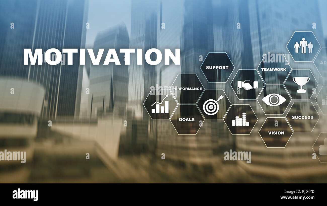 Motivation Konzept mit den Elementen. Business Team. Finanzkonzept auf verschwommenen Hintergrund. Mixed Media. Stockfoto