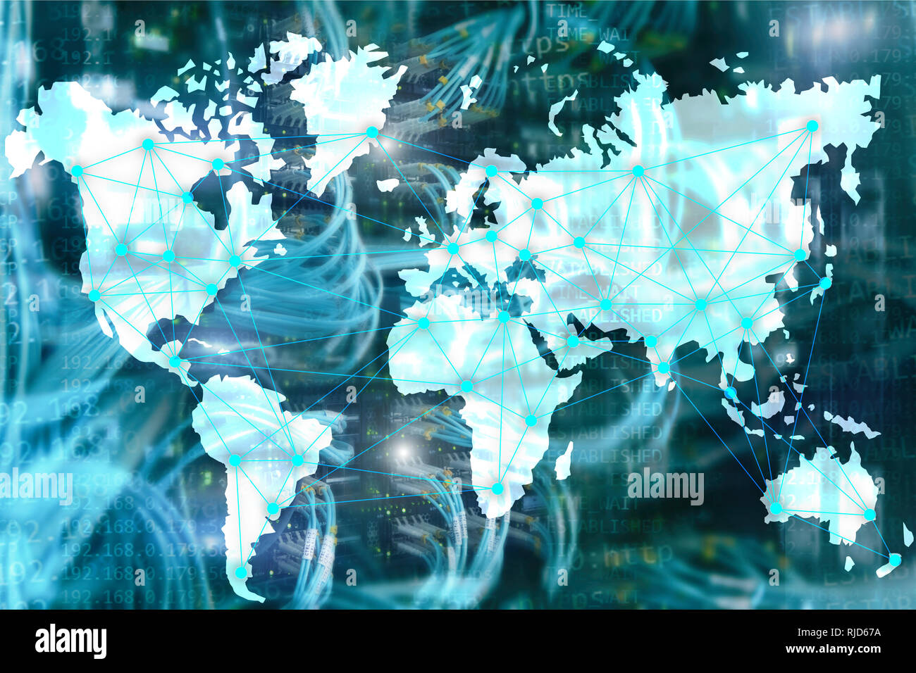 Internet und Telekommunikation Konzept mit Weltkarte auf serverraum Hintergrund. Stockfoto