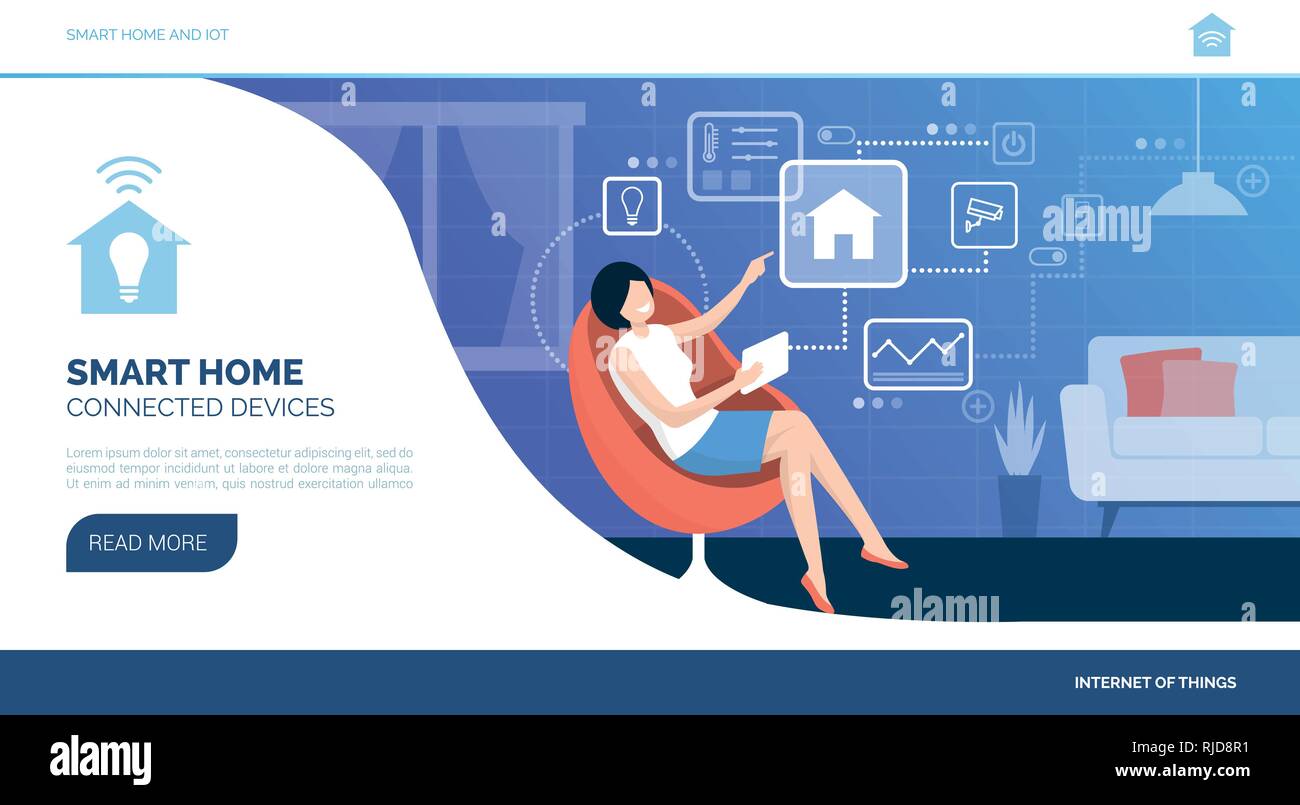 Frau verbinden mit Ihrem smart home Gerät Tablet und Ihre automatisierte Haus verwalten, Iot-Konzept Stock Vektor