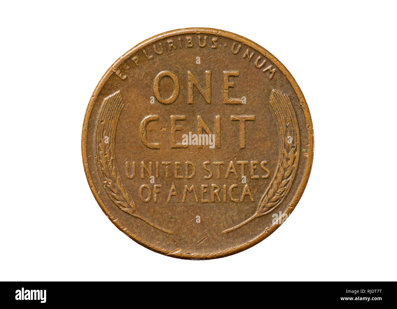 Alte gebrauchte United Weizen ohr Staaten einen Cent Kupfer penny Münze isoliert auf weißem Stockfoto