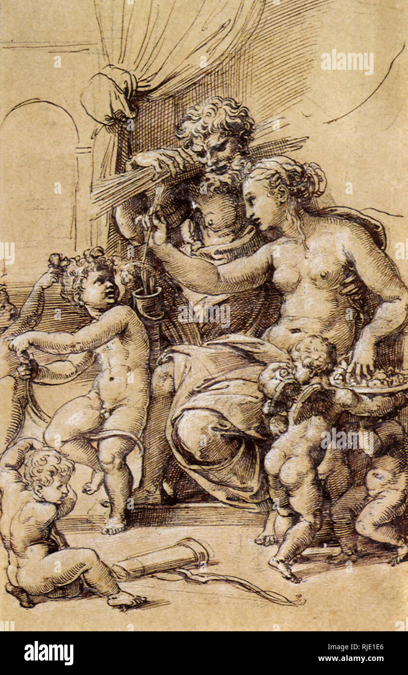 Venus, Vulcain, l'Amour Et cinq Putti. Stockfoto