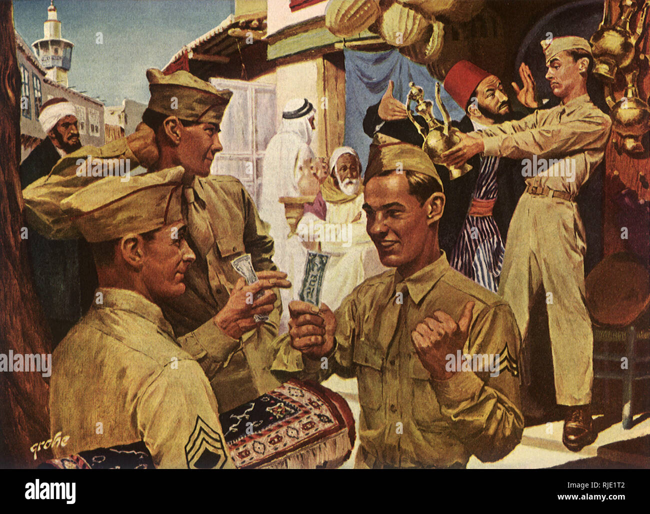 Soldaten stellen die Löhne während Comerade Haggles mit Arabischen. Stockfoto