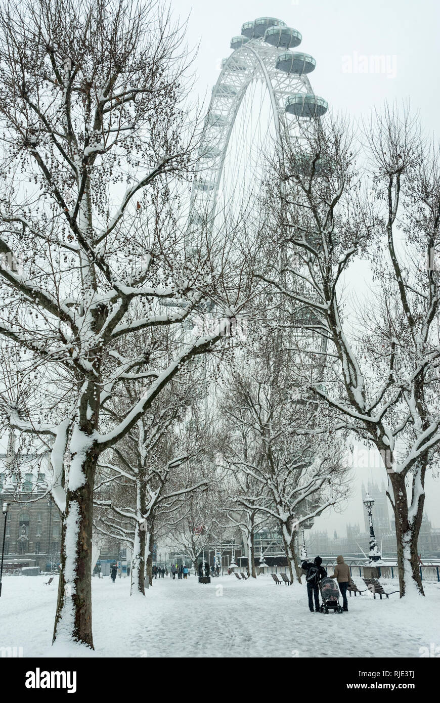 Malerischer Blick auf das London Eye Riesenrad und die umliegenden Bäume im Schnee bedeckt. Stockfoto
