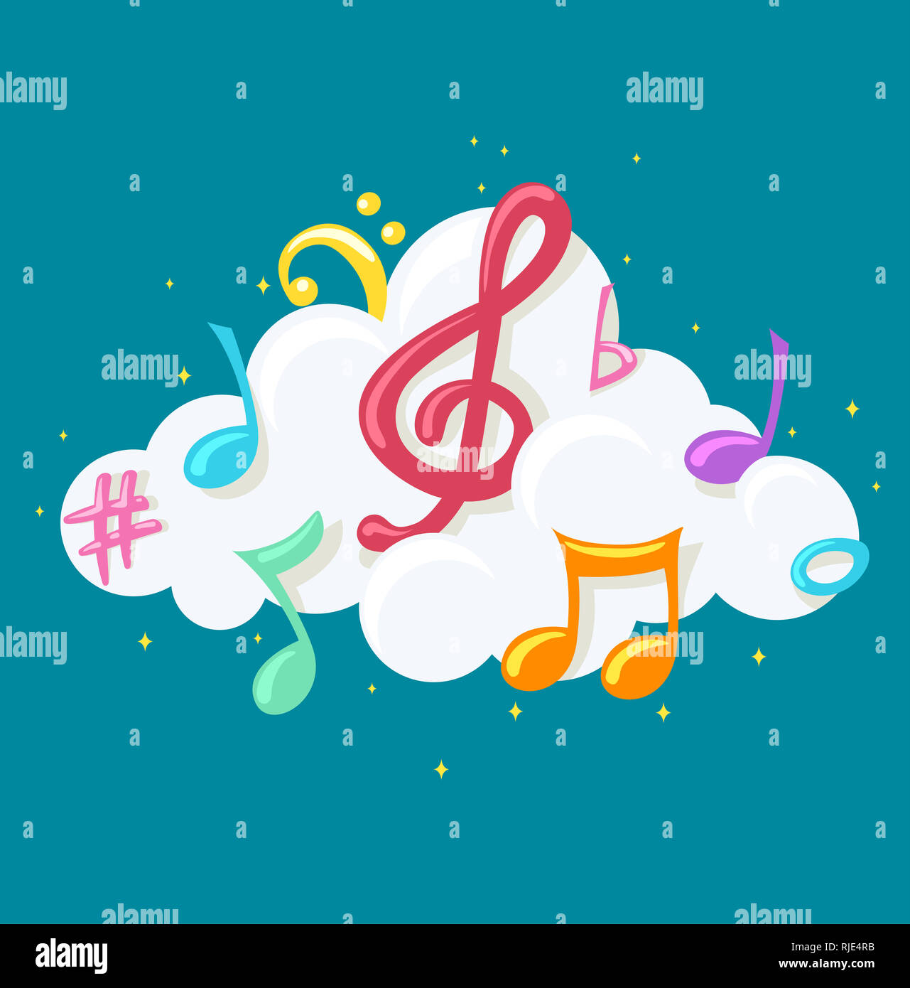 Abbildung: eine Wolke mit bunten Noten. Online Musik Stockfoto