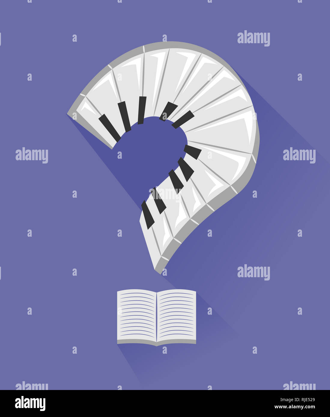 Abbildung einer Tastatur oder auf dem Klavier mit Noten als Fragezeichen Stockfoto