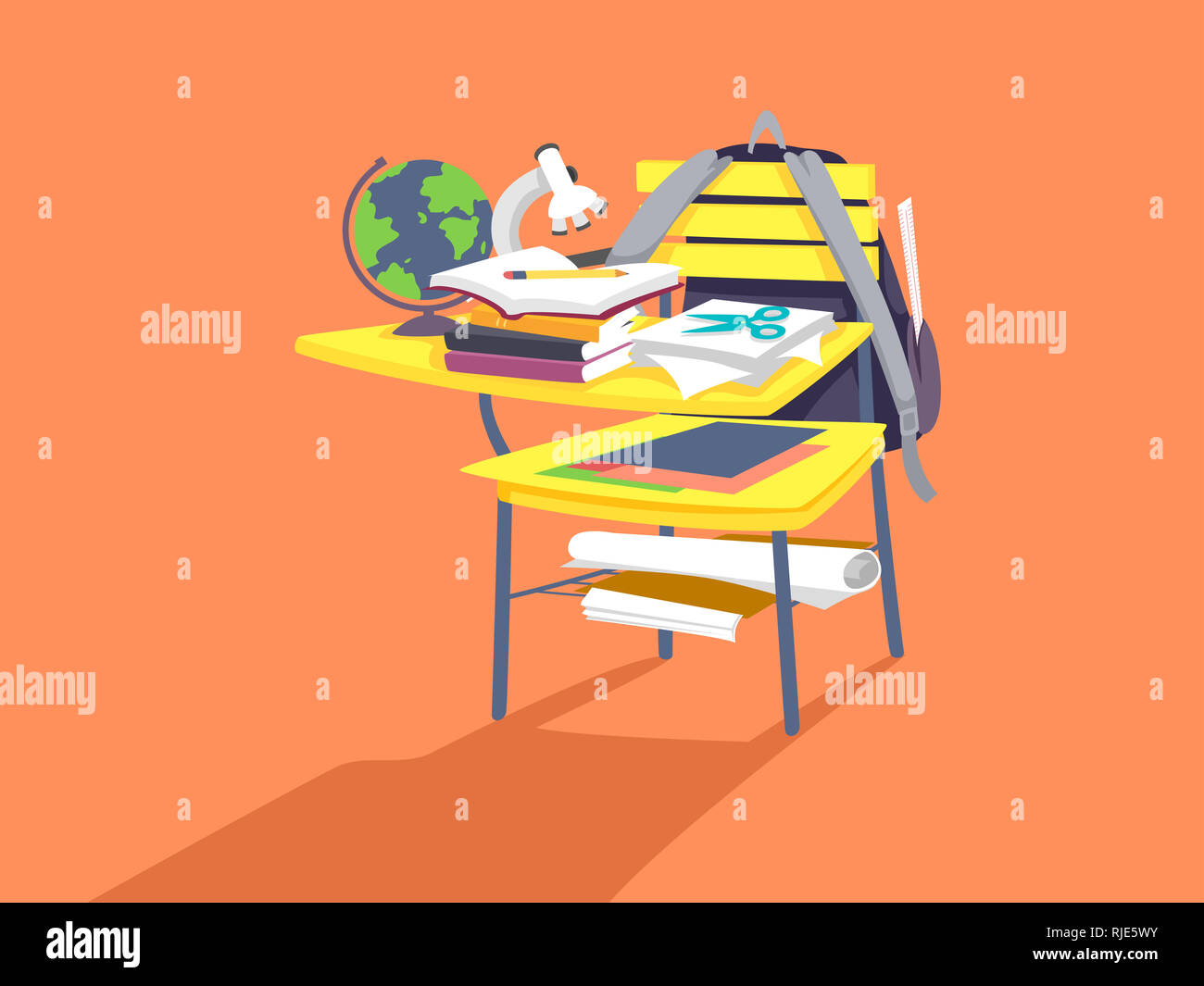 Abbildung einer Schule Sessel voller Bücher und Schulmaterial. Schule Überlast Stockfoto