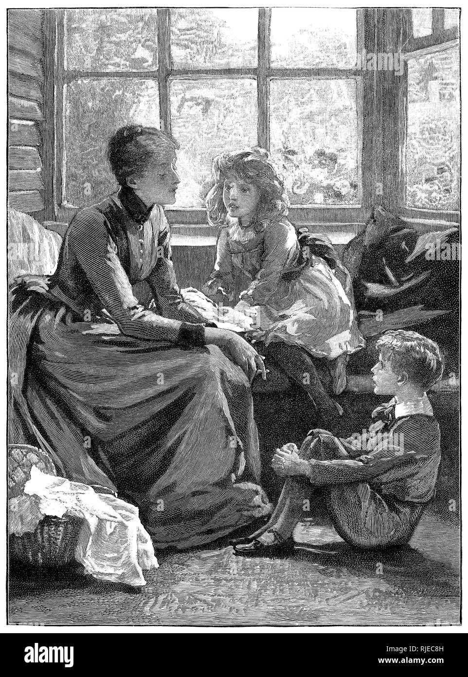 Abbildung von Margaret Isabel Dicksee (1858-1903) eines jungen viktorianischen Mutter erzählen Geschichten zu ihrem Sohn und Tochter, in Nister's Holiday Jahresbericht 1892 veröffentlicht. Stockfoto