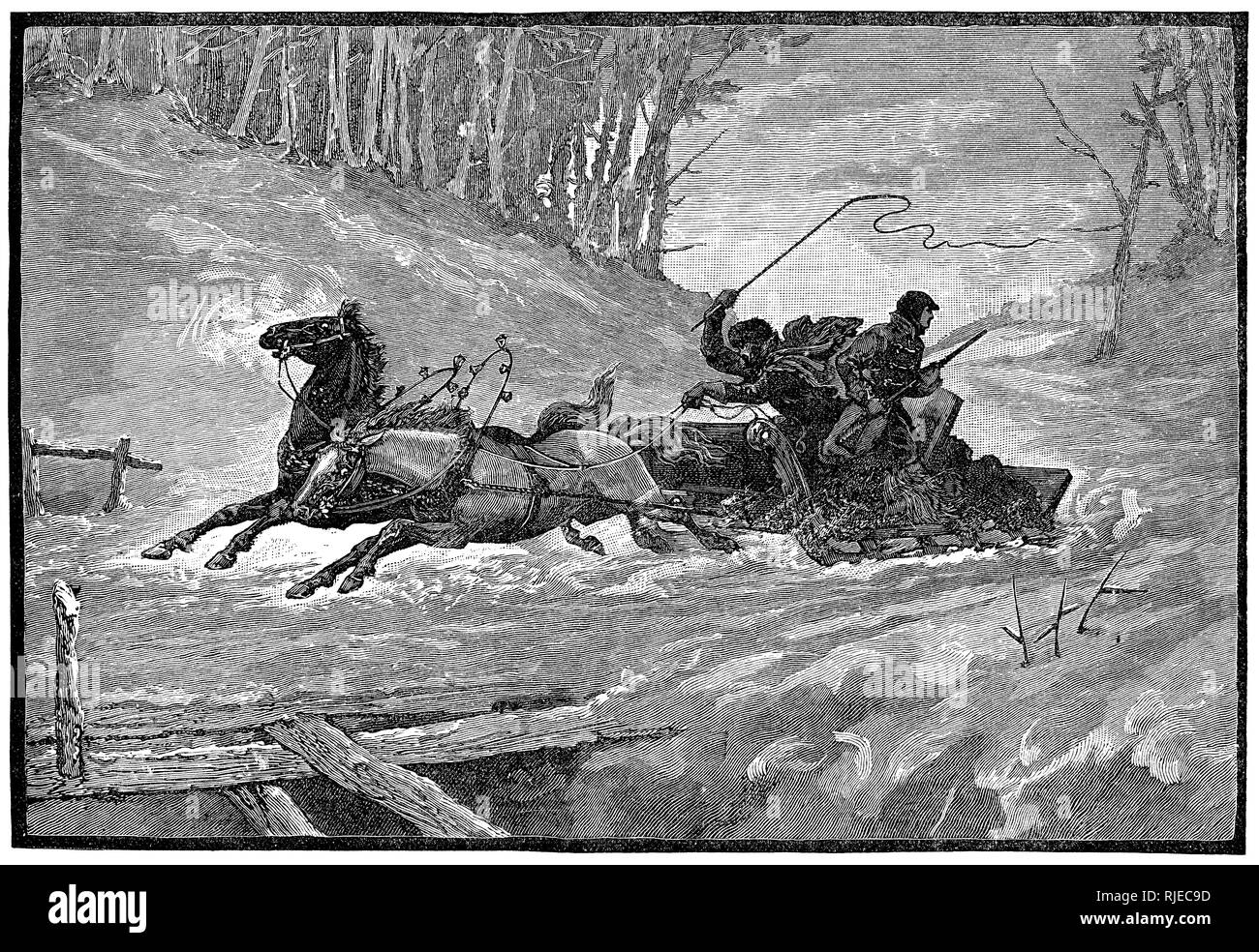 1888 viktorianischen Gravur von Pferdeschlitten bei einer Geschwindigkeit durch eine verschneite Landschaft. Stockfoto