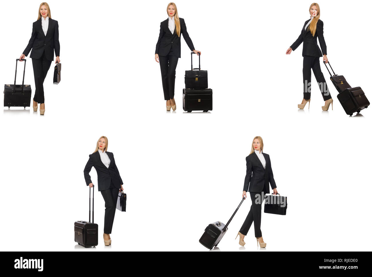 Geschäftsfrau mit Koffer isoliert auf weißem Stockfoto