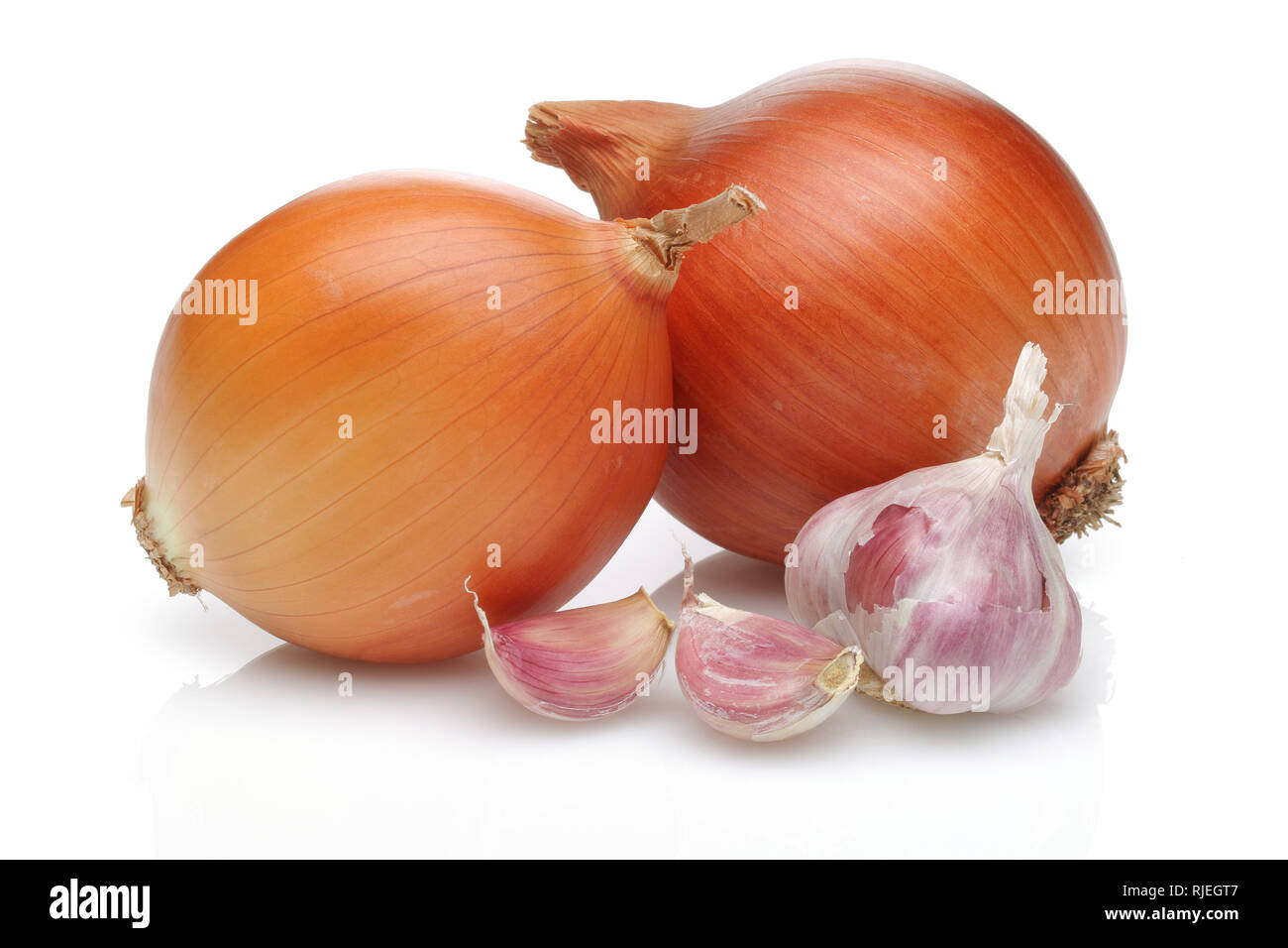 Zwiebel und Knoblauch auf weißem Hintergrund Stockfoto