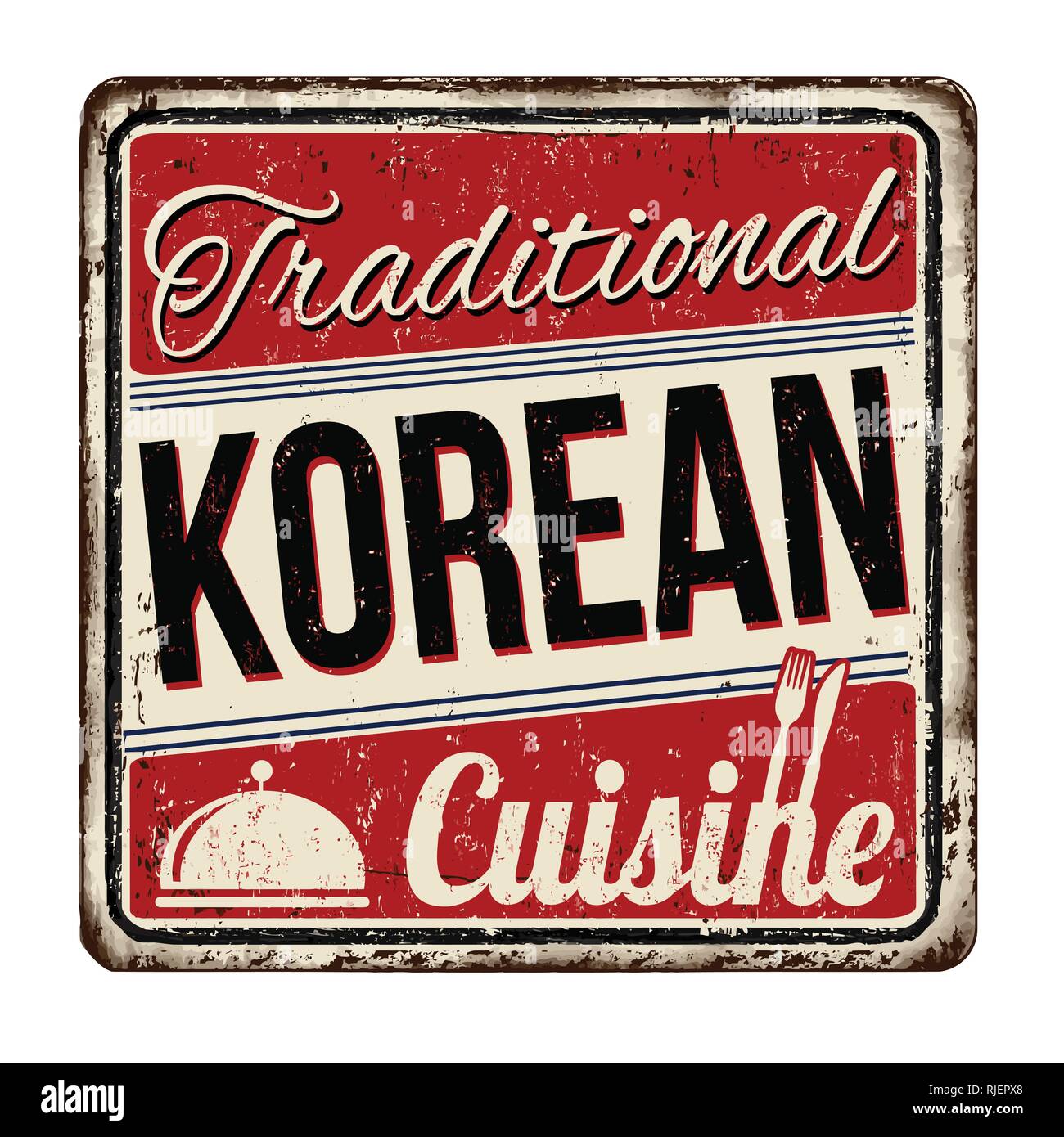 Traditionelle koreanische Küche vintage rostiges Metall Zeichen auf weißem Hintergrund, Vector Illustration Stock Vektor