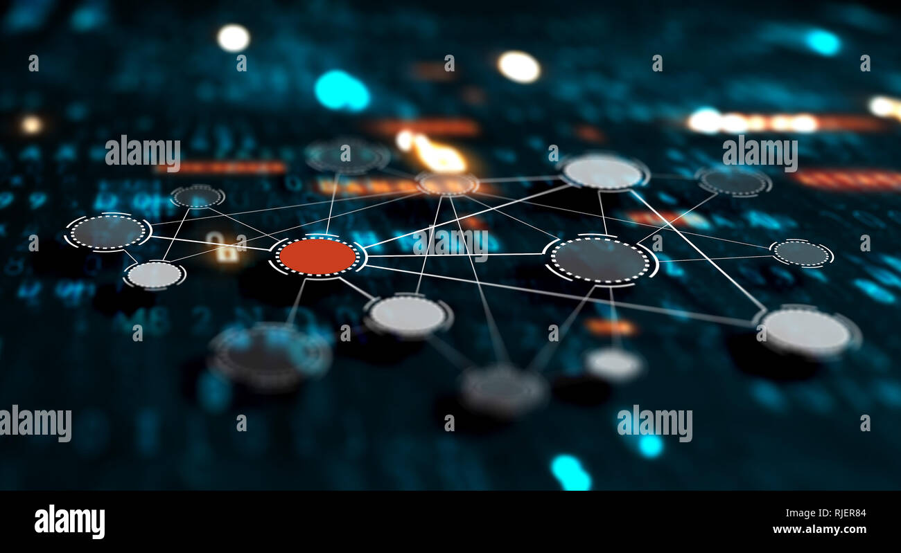 Konzept der sozialen Verbindung mit Net auf dunklem Hintergrund. 3D-Rendering Stockfoto