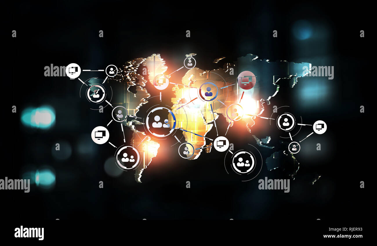 Weltkarte mit Infografiken und social media Icons. 3D-Rendering Stockfoto