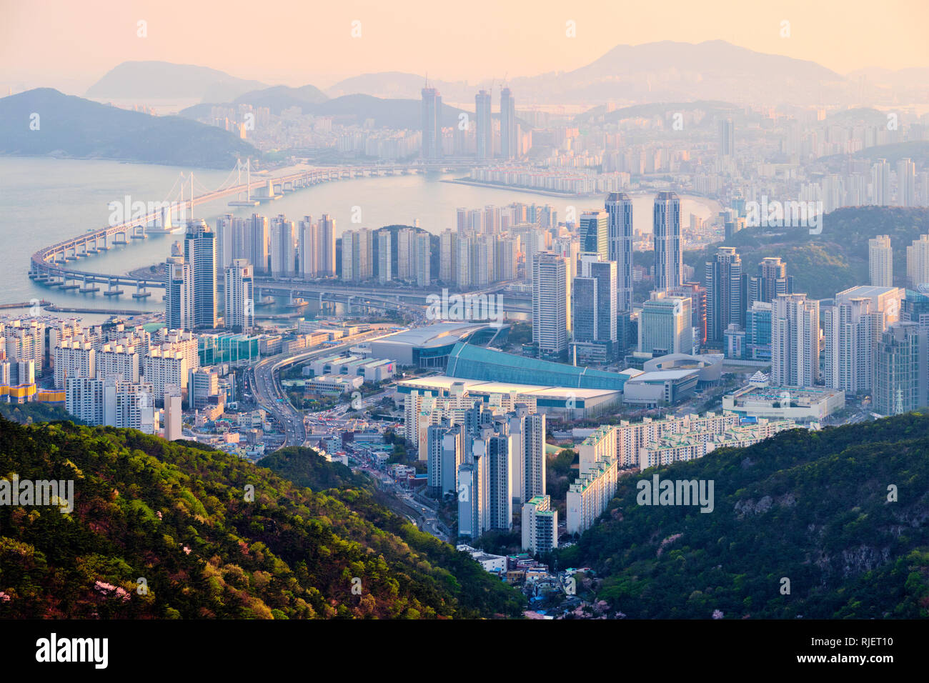 Busan Stadtbild Gwangan Brücke am Sonnenuntergang Stockfoto