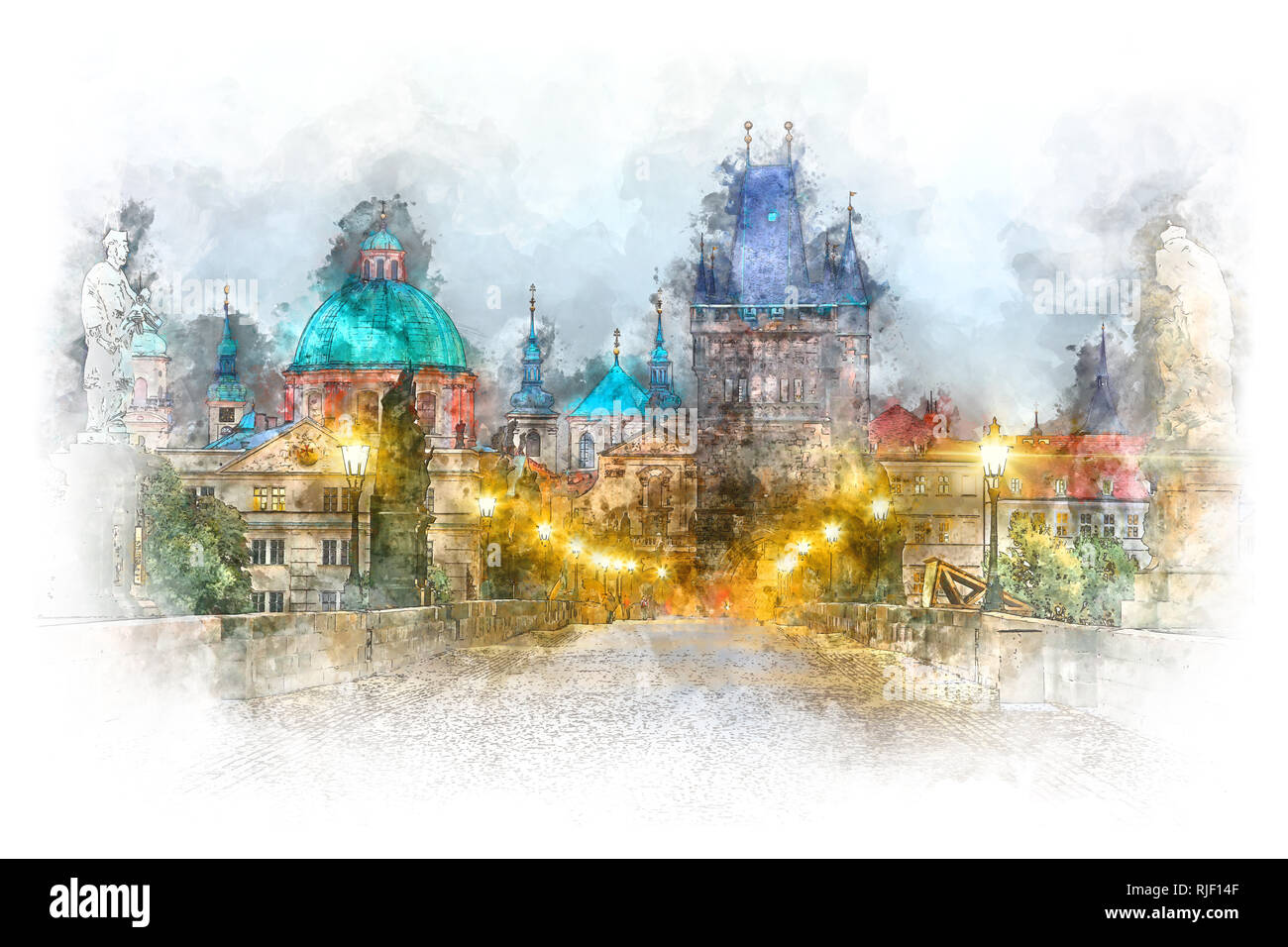 Prag - Sehenswürdigkeiten Karlsbrücke mit Beleuchtung, Aquarell Artwork. Tschechisch, Europa Stockfoto