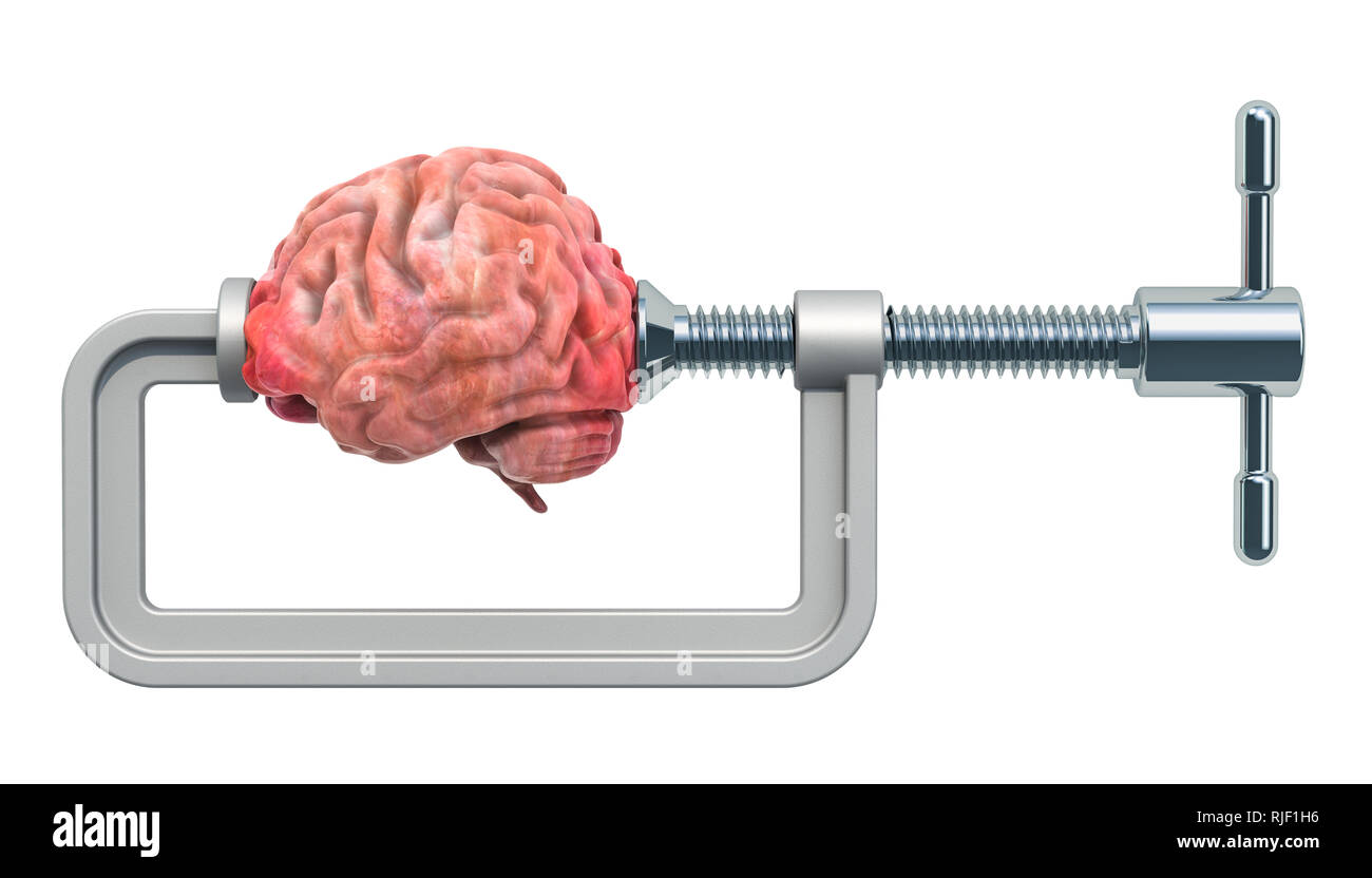 Schraubstock mit menschlichen Gehirns. Kopfschmerzen oder Stress Konzept, 3D-Rendering auf weißem Hintergrund Stockfoto