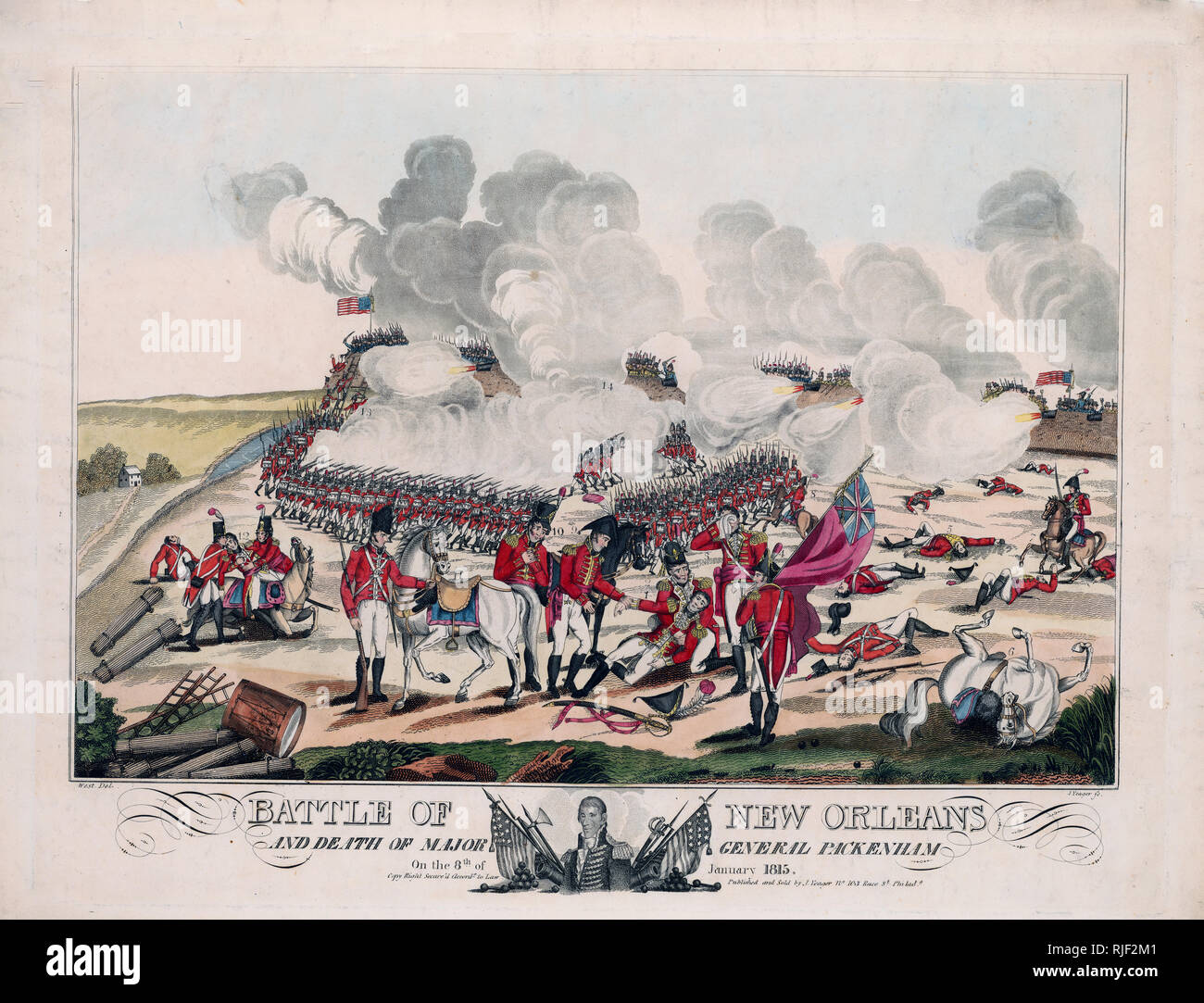 Drucken zeigt die Schlacht von New Orleans aus der britischen Perspektive, als Britische Kräfte auf den Erdarbeiten oder Barrikaden, von dem die amerikanischen Streitkräfte unter dem Kommando von Andrew Jackson, den Angriff abzuwehren. Stockfoto