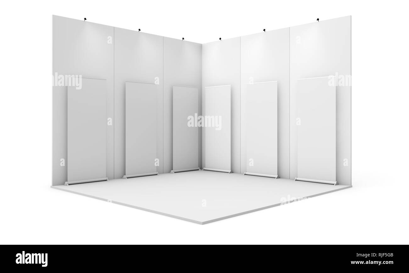 Messestand mit sechs Rollups 3D Rendering isoliert mockup Stockfoto