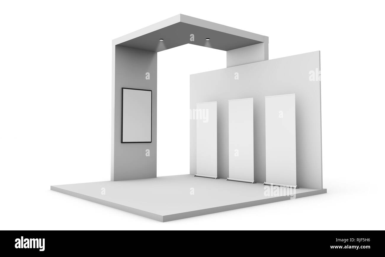 Drei Rollen- und Poster mockup am Messestand 3D-rendering isoliert Stockfoto