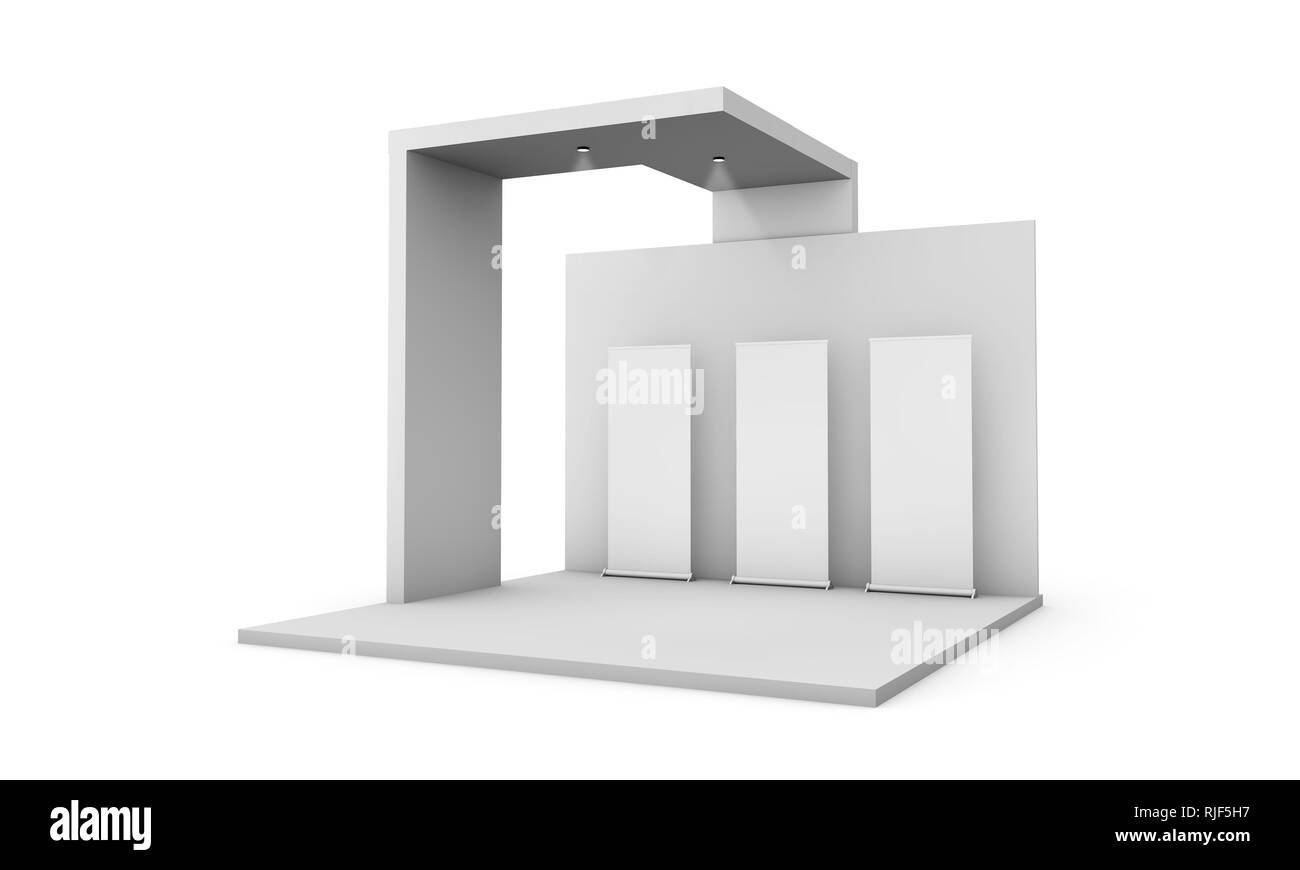 Drei Roll-ups auf 3D Rendering isolierten Messestand Stockfoto