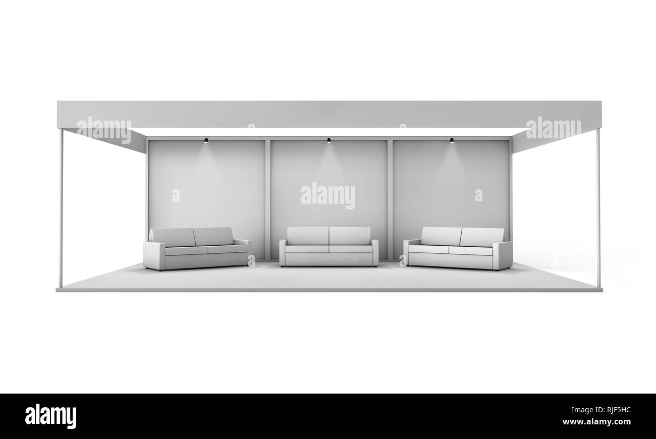 Messestand stand mit Sofas, 3D-Rendering isoliert Stockfoto