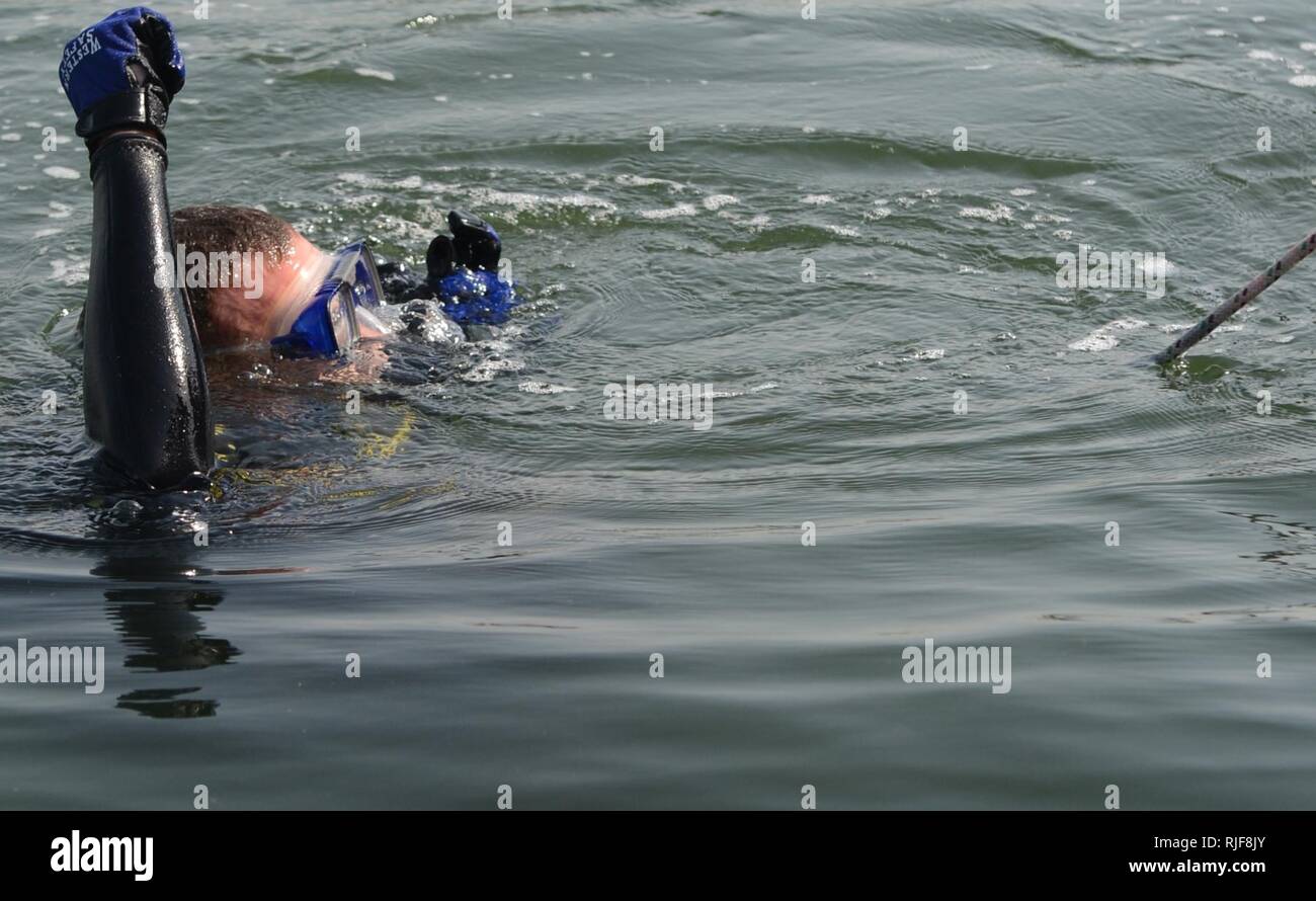 MINA SALMAN PIER, Bahrain (Jan. 24, 2013) Navy Diver 3. Klasse Tschad Crawford, auf Mobile Tauchen und Bergung (MDSU) 2, 2-2, Oberflächen nach aufsteigender aus einer Routine Anti-terror-Force Protection dive zugeordnet. MDSU 2 ist es, Commander, Task Group 56.1 zugewiesen, die Förderung der Mine Countermeasure, Beseitigung von Explosivstoffen, bergung Tauchen und Schutz in den USA 5 Flotte Verantwortungsbereich. Stockfoto