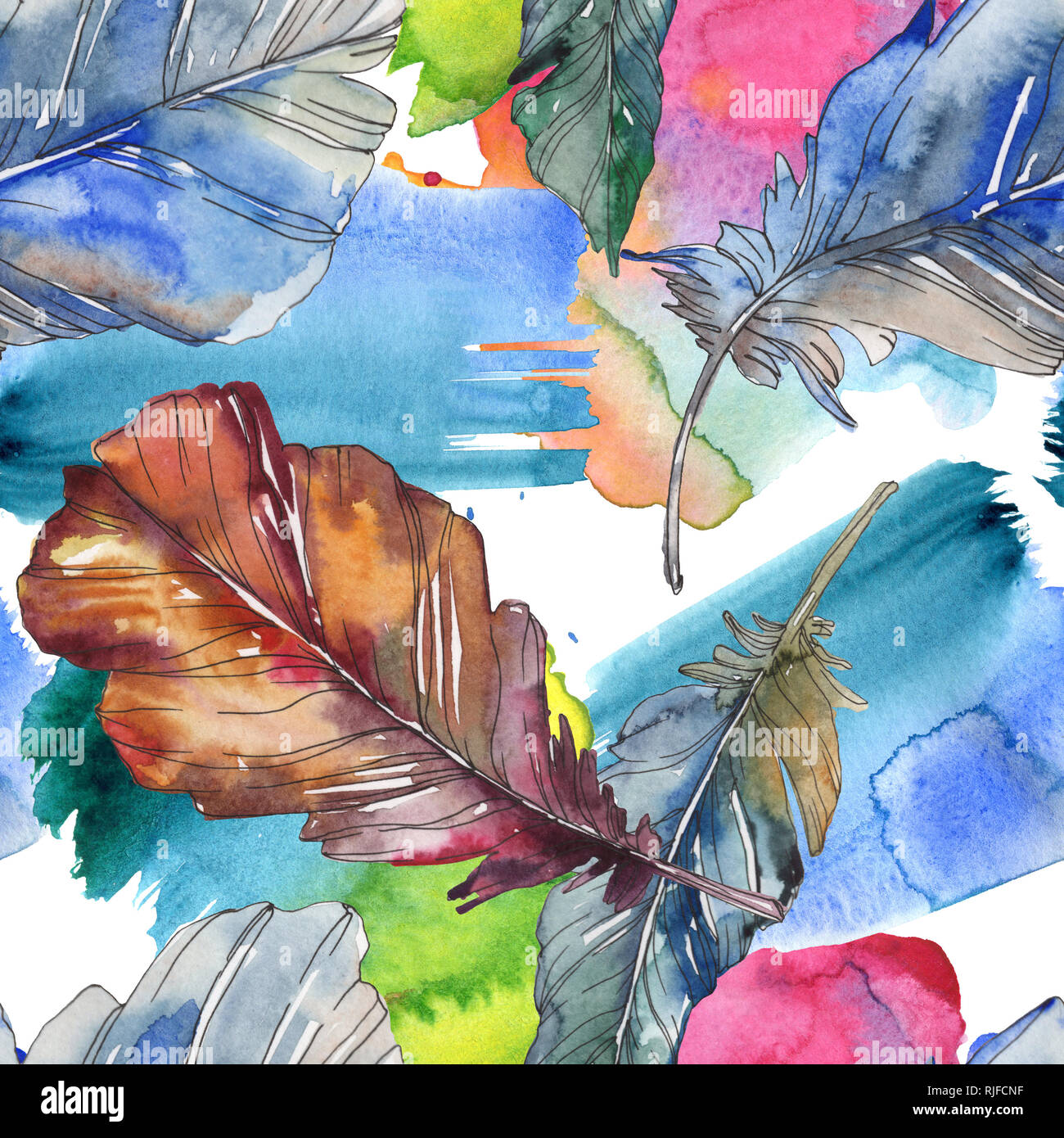 Vogelfeder von Wing isoliert. Aquarell Hintergrund Abbildung. Aquarell Zeichnung mode Aquarelle isoliert. Nahtlose Muster. Stockfoto
