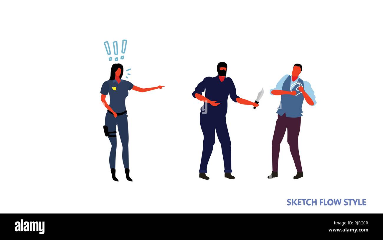 Polizist Polizistin, die versuchen, zu steuern maskierte Dieb holding Messer angreifende Mann mit Brieftasche gefährliche Räuber Haftbefehl Konzept Skizze flow Stil Stock Vektor