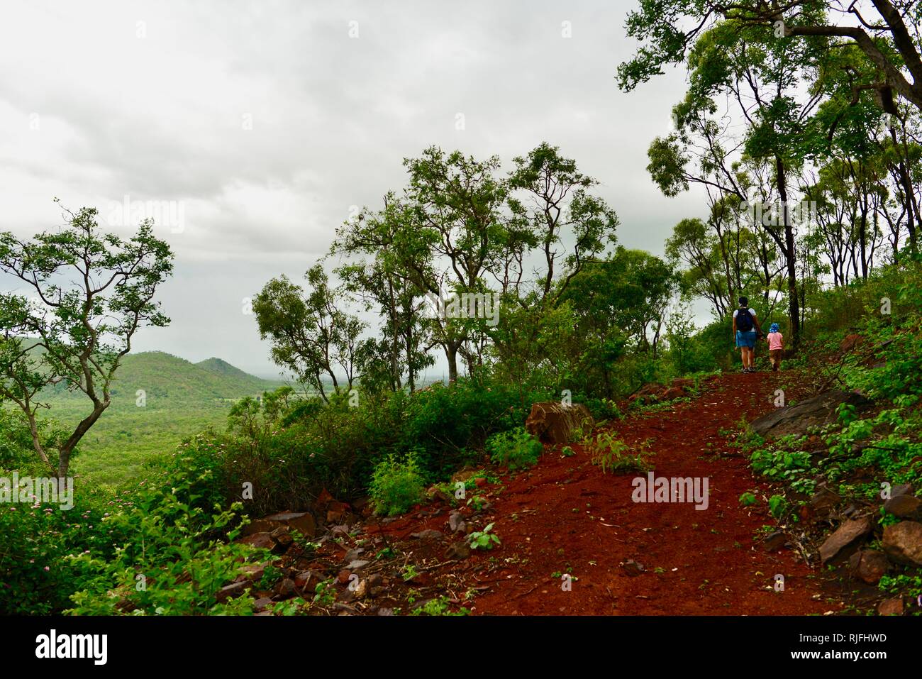 Junge Kinder im Schulalter entlang einem Feldweg, Moongun Wanderweg am Elliot Federn, Townsville, Queensland, Australien Stockfoto