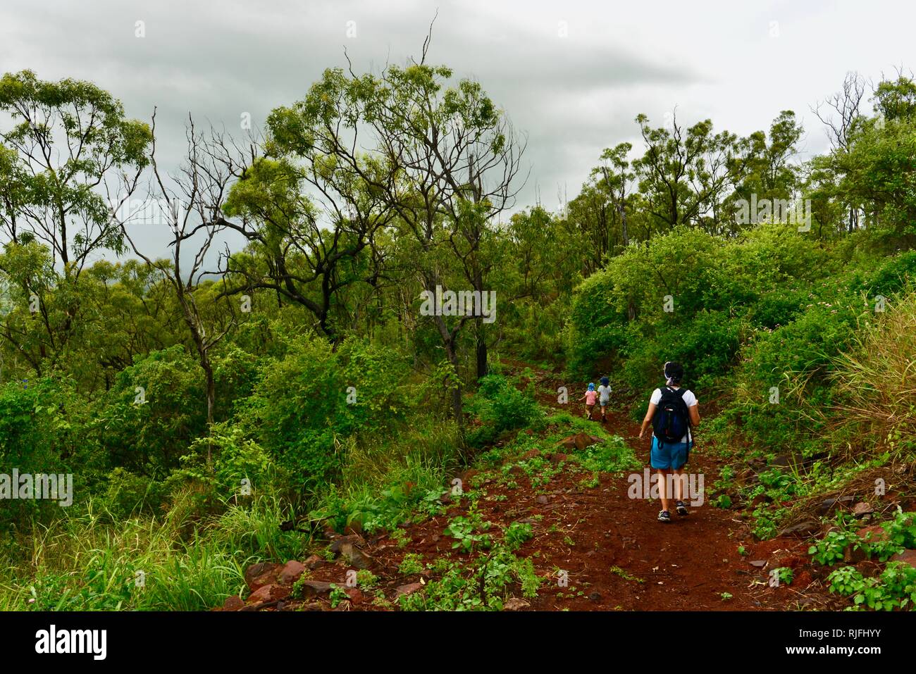 Junge Kinder im Schulalter entlang einem Feldweg, Moongun Wanderweg am Elliot Federn, Townsville, Queensland, Australien Stockfoto