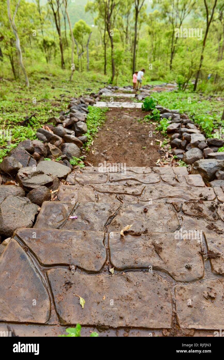 Junge Kinder im Schulalter entlang einem Feldweg, Moongun Wanderweg am Elliot Federn, Townsville, Queensland, Australien Stockfoto