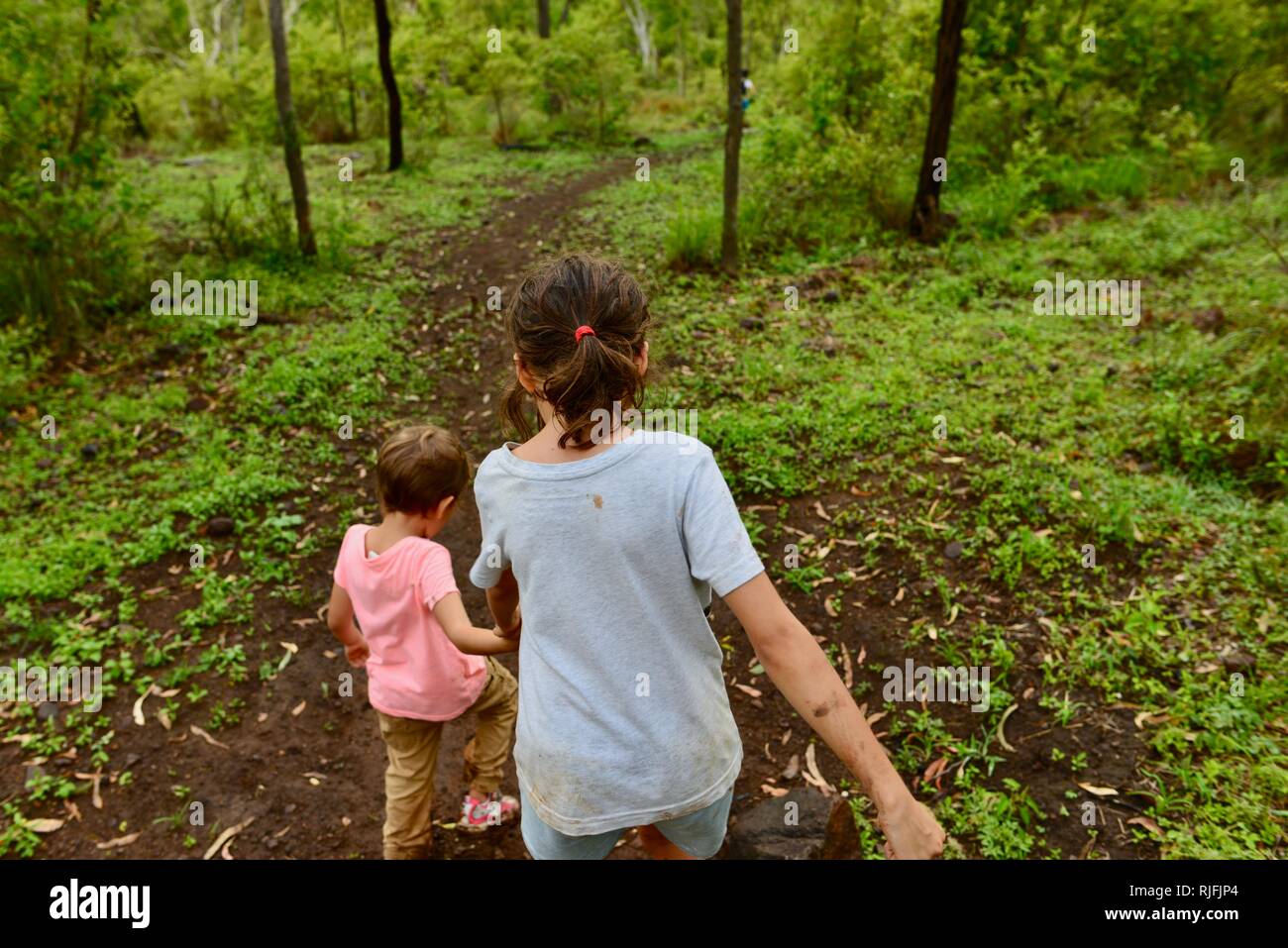 Junge Kinder im Schulalter entlang einem Feldweg, Hände halten, Moongun Wanderweg am Elliot Federn, Townsville, Queensland, Australien Stockfoto