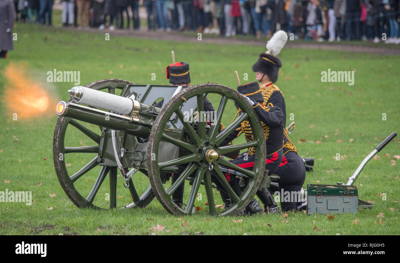 Green Park, London, UK. 6. Februar, 2019. HM der Königin der Thronbesteigung 67th Jahrestag Gewehren. Der King's Troop, Royal Horse artillery tragen tadellos präsentiert full Dress Uniform, Farbe, wenn Sie eine 41 Pistole Royal Salute im Green Park um 12.00 Uhr Bühne. Credit: Malcolm Park/Alamy leben Nachrichten Stockfoto