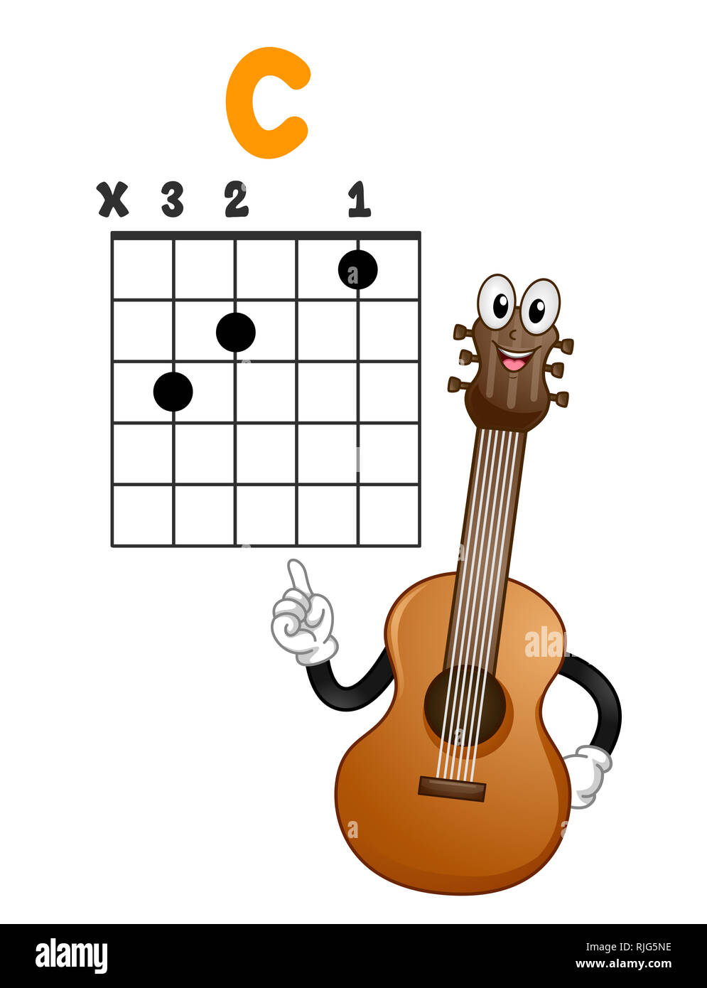Abbildung: eine akustische Gitarre Maskottchen, das auf einem C-Akkord und Lehre Es Stockfoto
