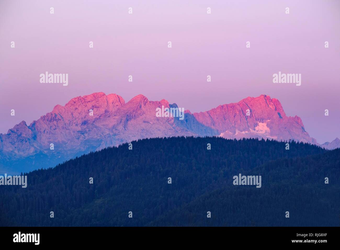Wettersteingebirge mit rot glühenden Zugspitze bei Sonnenaufgang, Ansicht von Krepelschrofen in der Nähe von Wallgau, Werdenfelser Land, Oberbayern Stockfoto