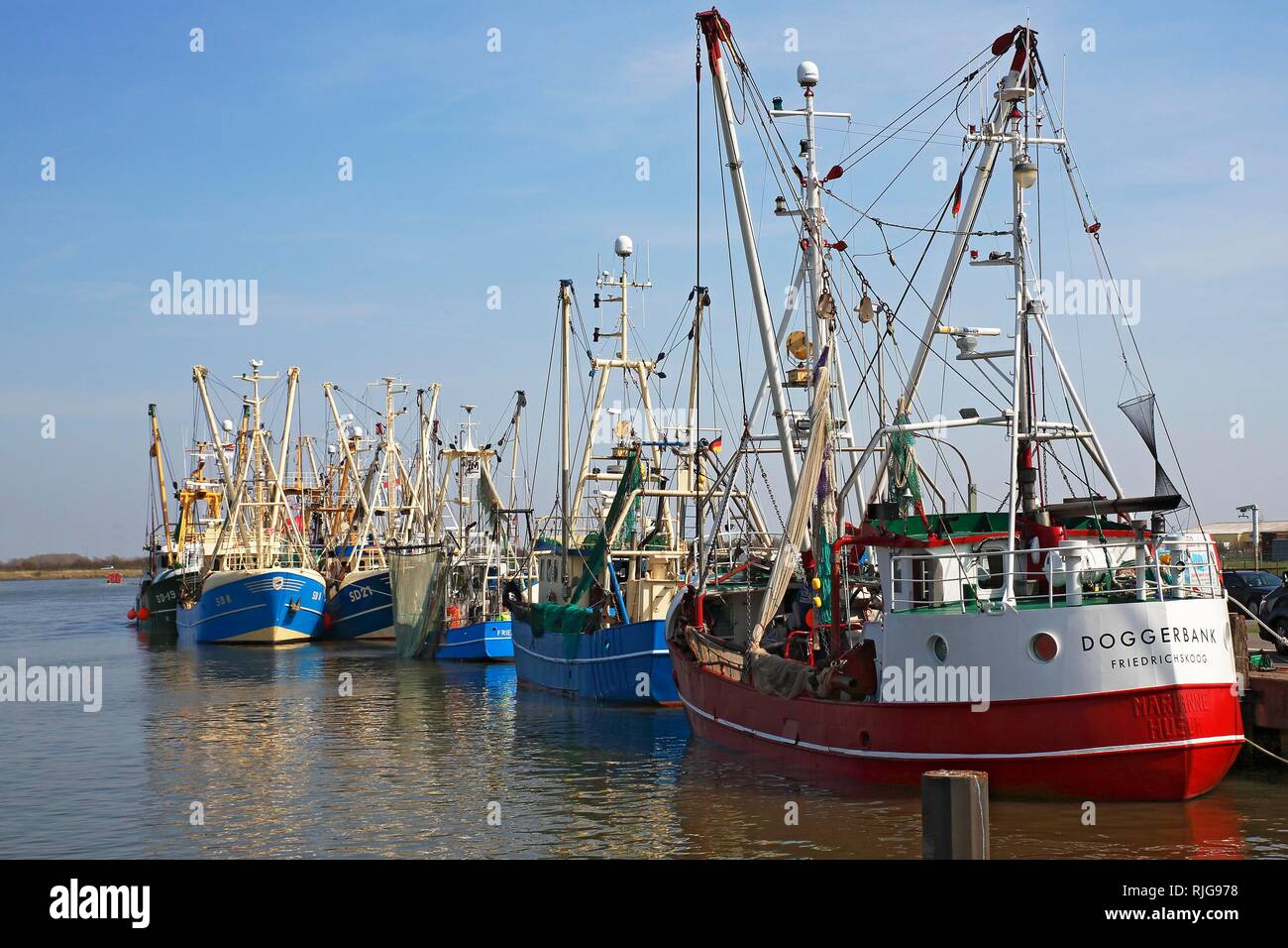 Fischerboote in der Neuen Meldorfer Hafen, Meldorf, Dithmarschen, Schleswig-Holstein, Deutschland Stockfoto