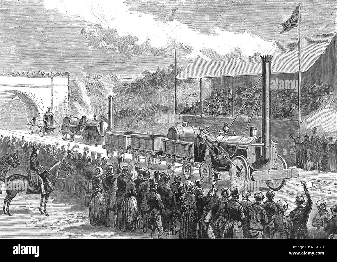 Die RAINHILL TRIALS, Lancashire, Oktober 1829. George Stephenson's Rocket ist die einzige Lokomotive die Studien durch die Sans Pareil und die Neuheit gefolgt zu vervollständigen Stockfoto