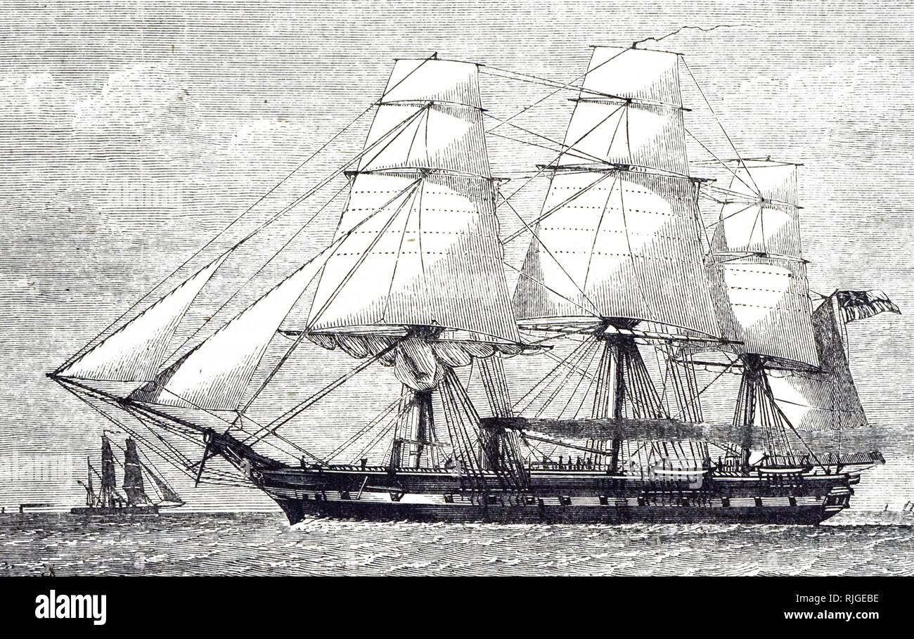 Ein kupferstich mit der Darstellung der HMS Challenger, ein Dampf - Royal Navy Pearl Assisted-Klasse Corvette. Vom 19. Jahrhundert Stockfoto