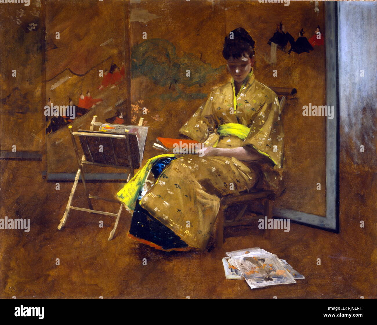 Ein Mädchen in der japanischen Gewand. Der Kimono Ca. 1887. Öl auf Leinwand von William Merritt Chase (November 1, 1849 - 25. Oktober 1916) war ein US-amerikanischer Maler, als Exponent des Impressionismus bekannt Stockfoto