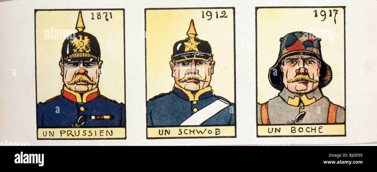 Französische propaganda Illustrationen mit der Darstellung der deutschen Armee im Jahre 1871, 1912 und 1917. Zwischen 1871 - 1918, des Deutsch-Französischen Krieges französische Abtretung von Elsaß nach Deutschland. Im Jahr 1919 den Vertrag von Versailles führte zu der Deutschen Abtretung des Elsass zu Frankreich Stockfoto