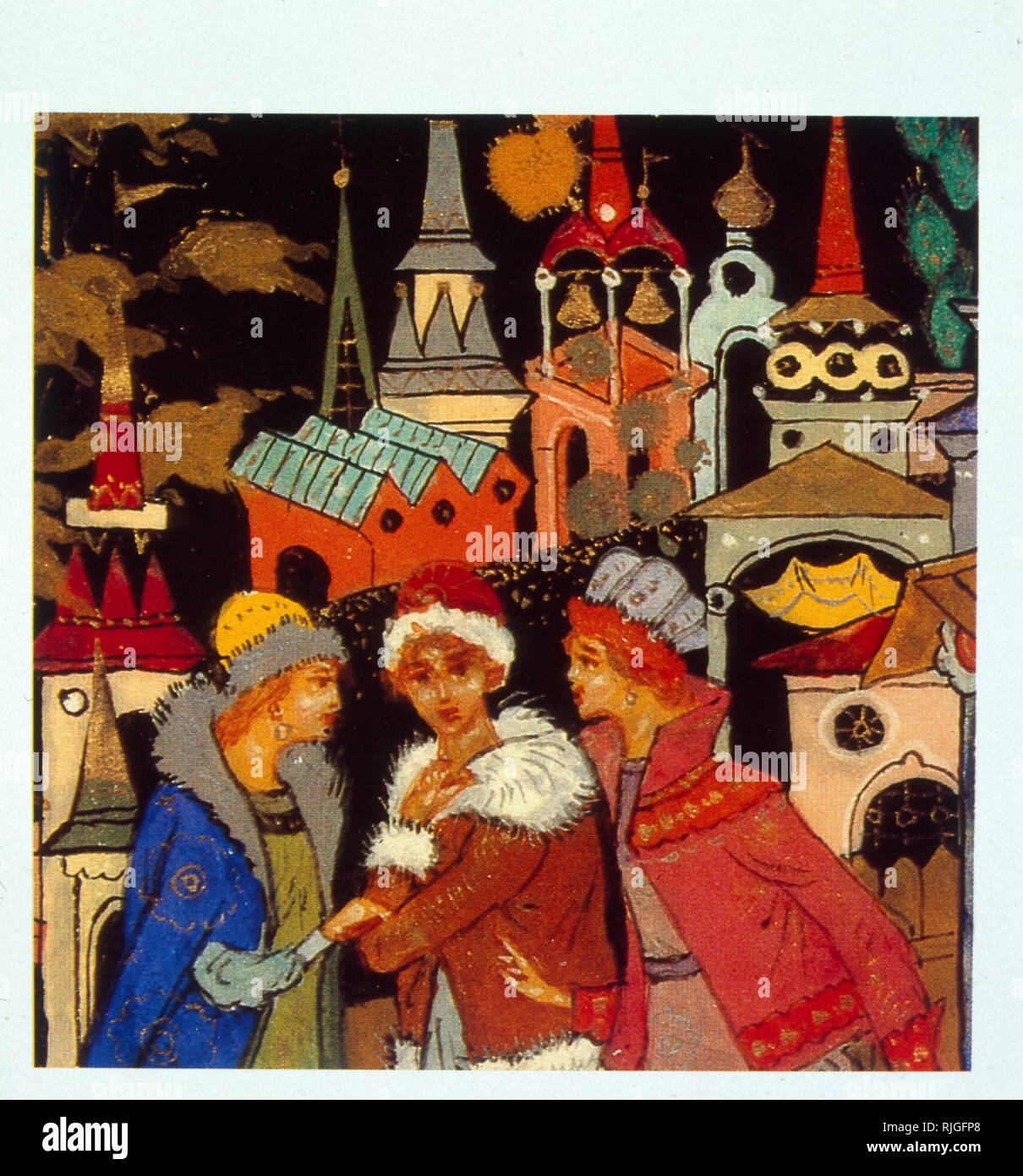 Eine russische "Palekh' lackiert Box 1968. zeigt eine Szene aus der mittelalterlichen Geschichte Russlands. Russische Lackkunst von der Kunst der Ikonenmalerei, die an einem Ende mit dem Zusammenbruch der kaiserlichen Russland kam entwickelt. das Handwerk der Herstellung von pappmaché dekorative Schachteln und Panels entwickelt. Stockfoto