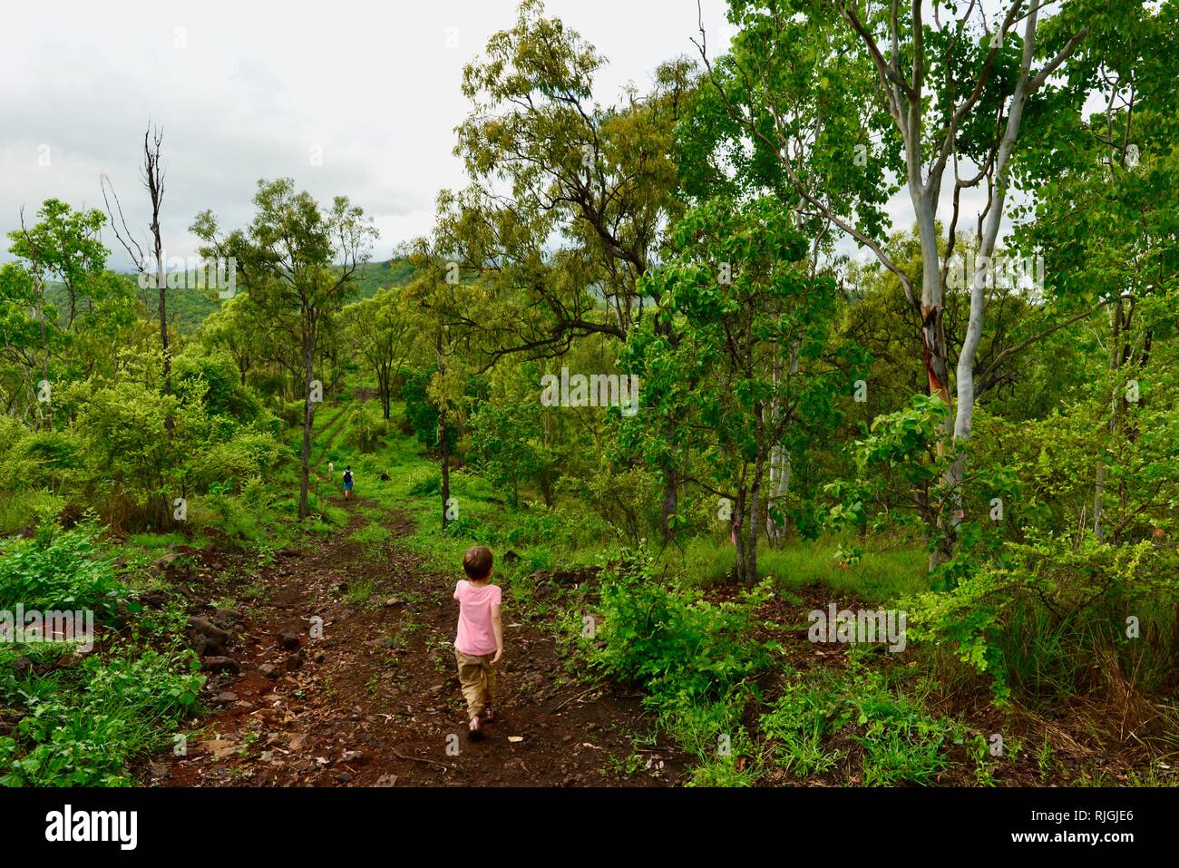 Junge Kinder im Schulalter entlang einem Feldweg, Moongun Wanderweg am Elliot Federn, Townsville, Queensland, Australien Stockfoto