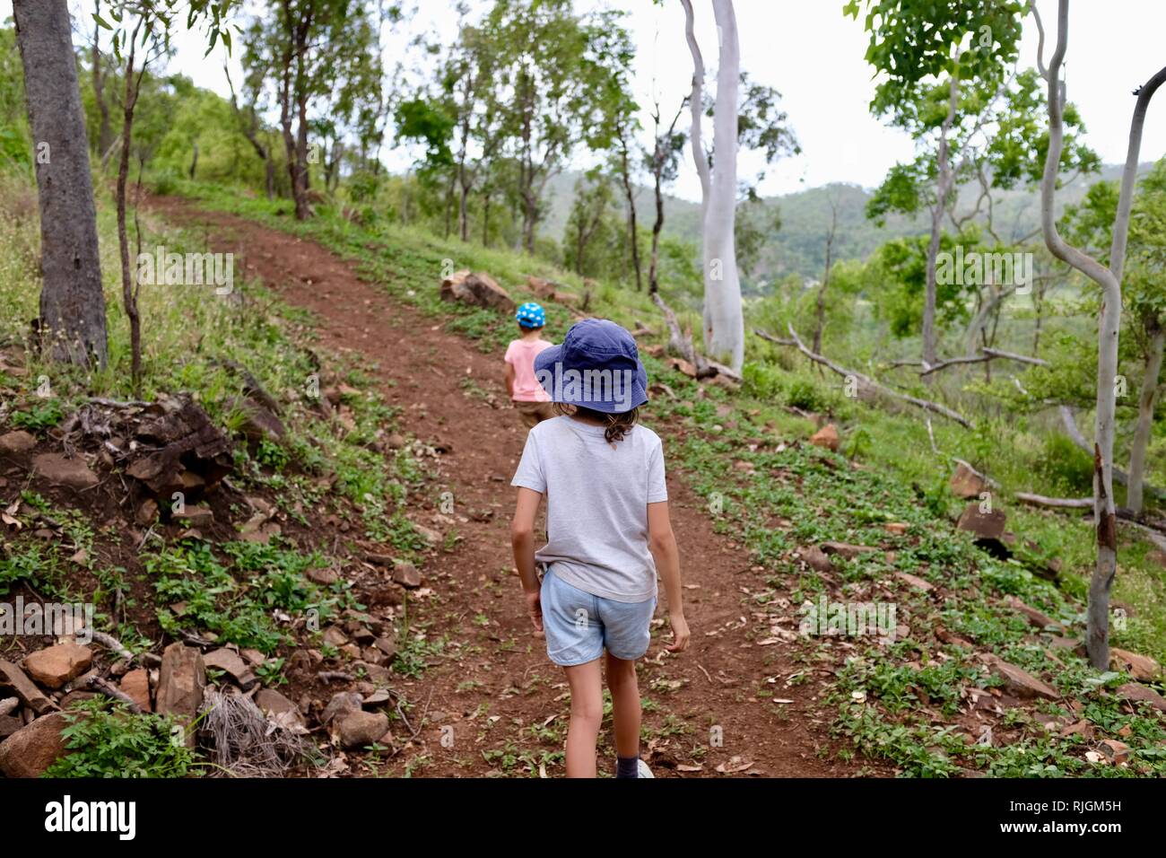 Junge Kinder im Schulalter entlang einem Feldweg, Moongun Wanderweg am Elliot Federn, Townsville, Queensland, Australien Stockfoto