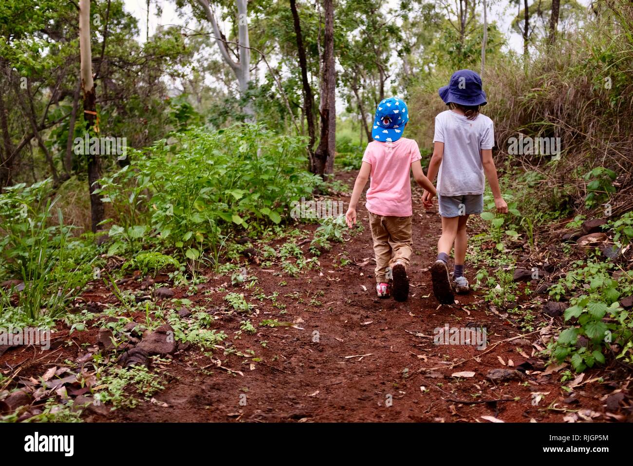 Junge Kinder im Schulalter entlang einem Feldweg, Moongun Wanderweg am Elliot Federn, Townsville, Queensland, Australien Stockfoto