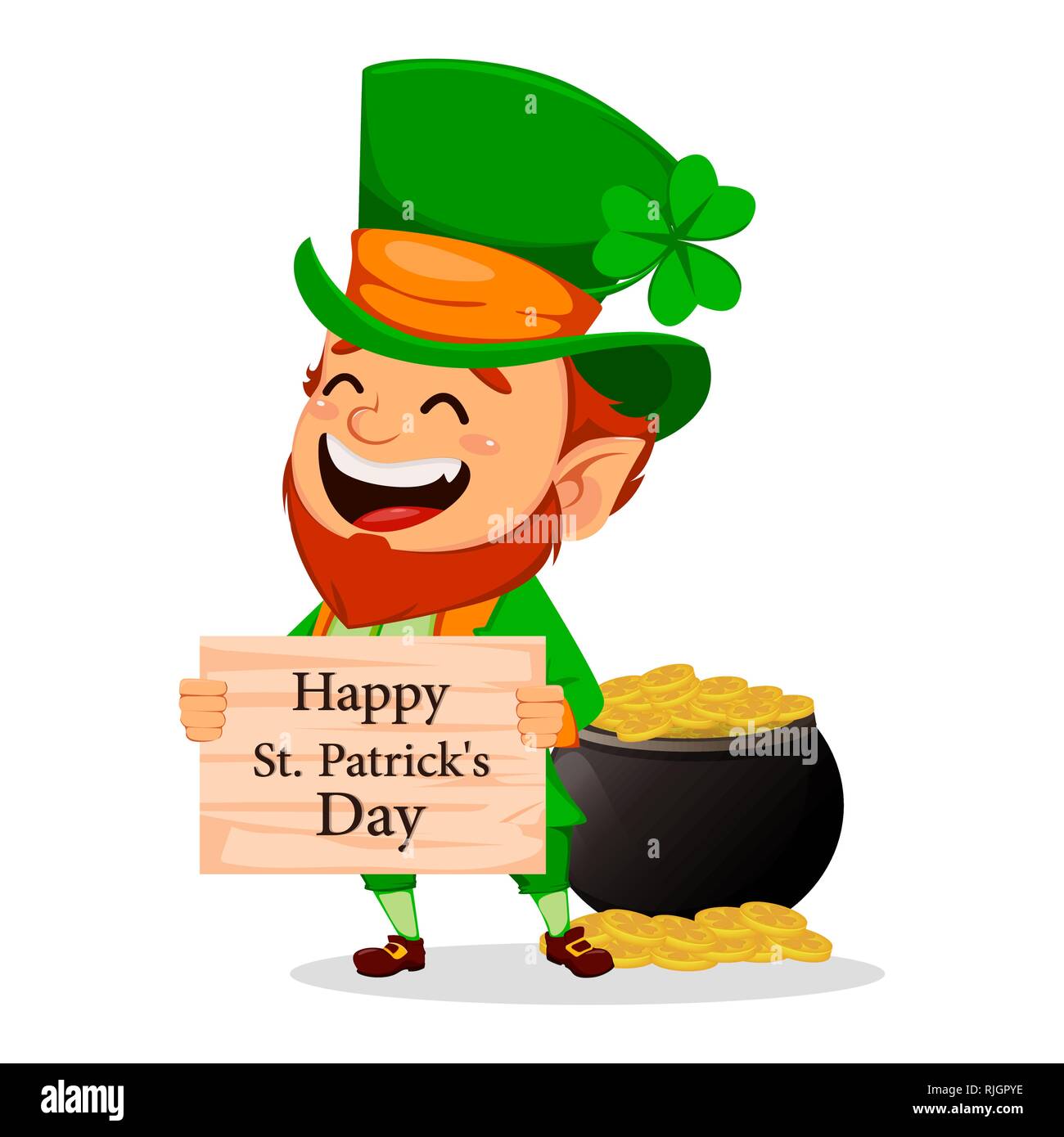 Saint Patrick's Day. Lustiger Kobold. Niedliche Zeichentrickfigur holding Holzplatte mit Begrüßungen und stehen in der Nähe von Topf mit Gold. Vector Illustration o Stock Vektor