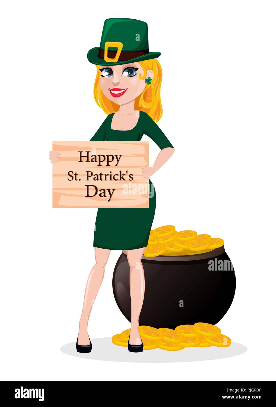 Schöne Frau feiert St. Patrick's Day. Weiblich Zeichentrickfigur im Kostüm der Kobold steht in der Nähe von Pot of Gold und hält Holzplatte wi Stock Vektor
