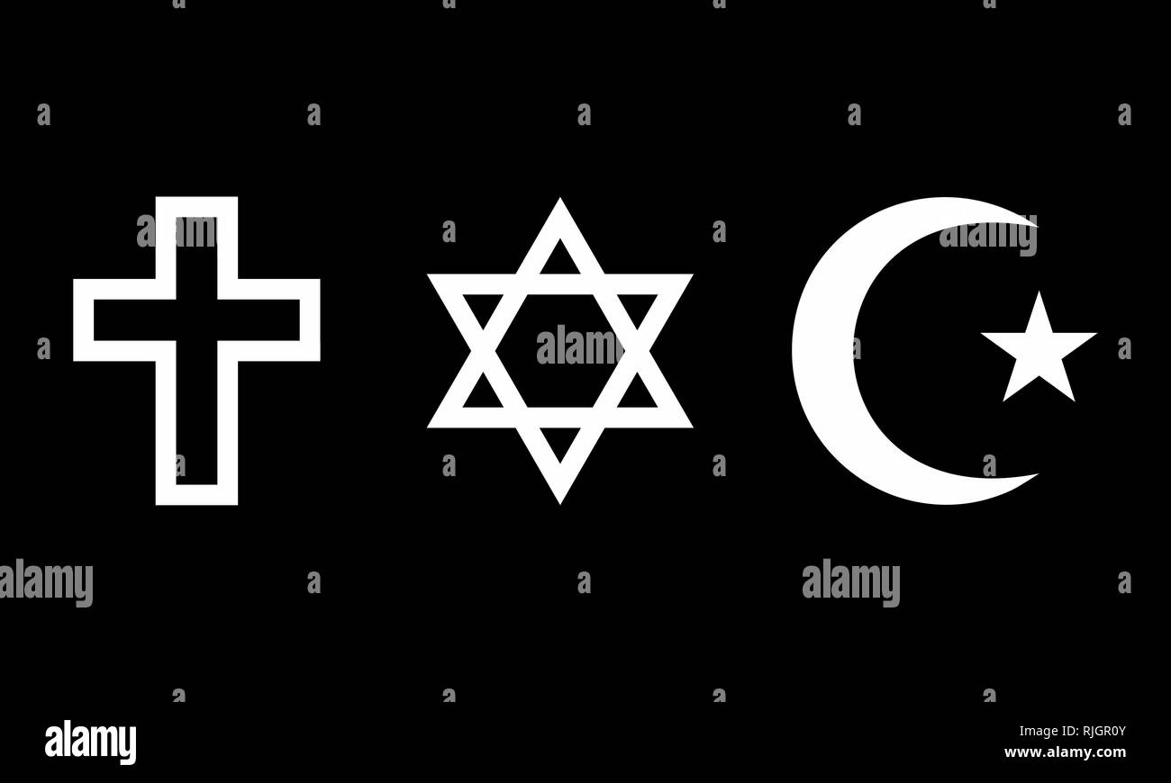 Eine Reihe von religiösen Symbolen auf dunklem Hintergrund Stock Vektor