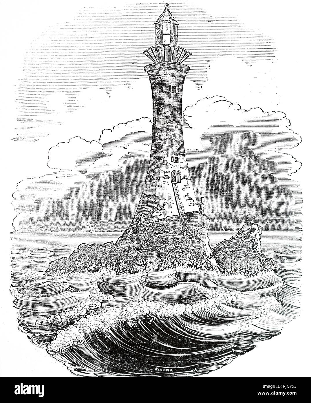 Ein kupferstich mit der Darstellung der Bell Rock Leuchtturm, vor der Küste von Angus, Schottland, entworfen von Robert Stevenson. Robert Stevenson (1772-1850) eine schottische Bauingenieur und berühmten Konstrukteur und Erbauer der Leuchttürme. Vom 19. Jahrhundert Stockfoto